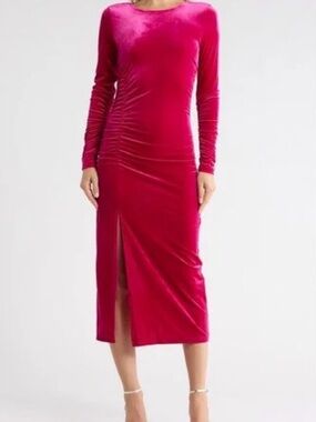 NWT! Sam Edelman Long Sleeve Pink Velvet Midi Dress with Side Slit size 2